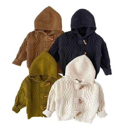 

Esaierr Toddler Unisex Spring Fall Cardigan Sweater Jacket Baby Solid Color Hooded Knitted Tops Pullover Hoodies Cow Horn Button Jumper for Boys Girls 6M-4Y