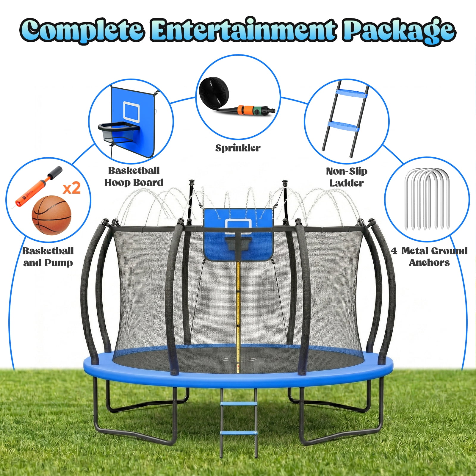Outdoor Trampoline,Fashionsport Outfitters 8FT/12FT/14FT/16FT Round Jumping Trampoline with Ladder,Sprinkler,Basketball Hoop Board,Recreational Backyard Trampolines Anti-Rust for Kids Gift