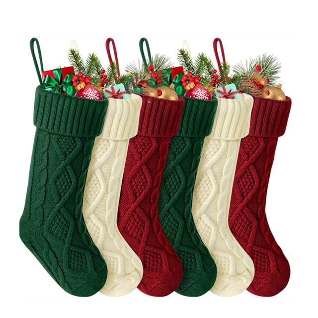 Paquete de 6 medias navideñas de punto, decoraciones de medias de punto, medias rústicas de granja para la temporada navideña familiar, marfil, grandes decorativas
