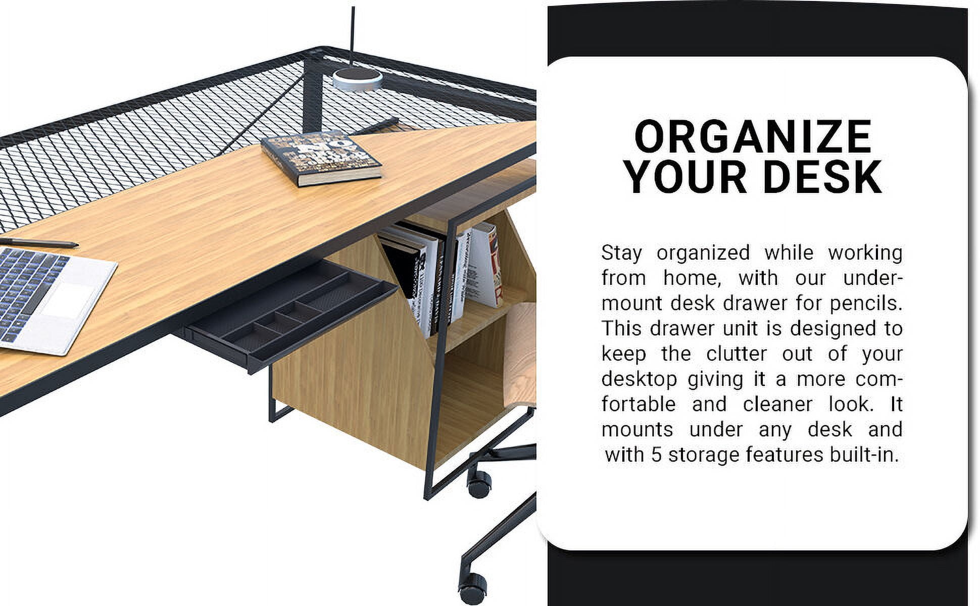 Rok Hardware Pull Out Undermount Pencil Drawer with 5 Compartments and Matching Black Ball Bearing Slides, Under Desk Pencil Drawer Organizer with Height Adjustable Bracket