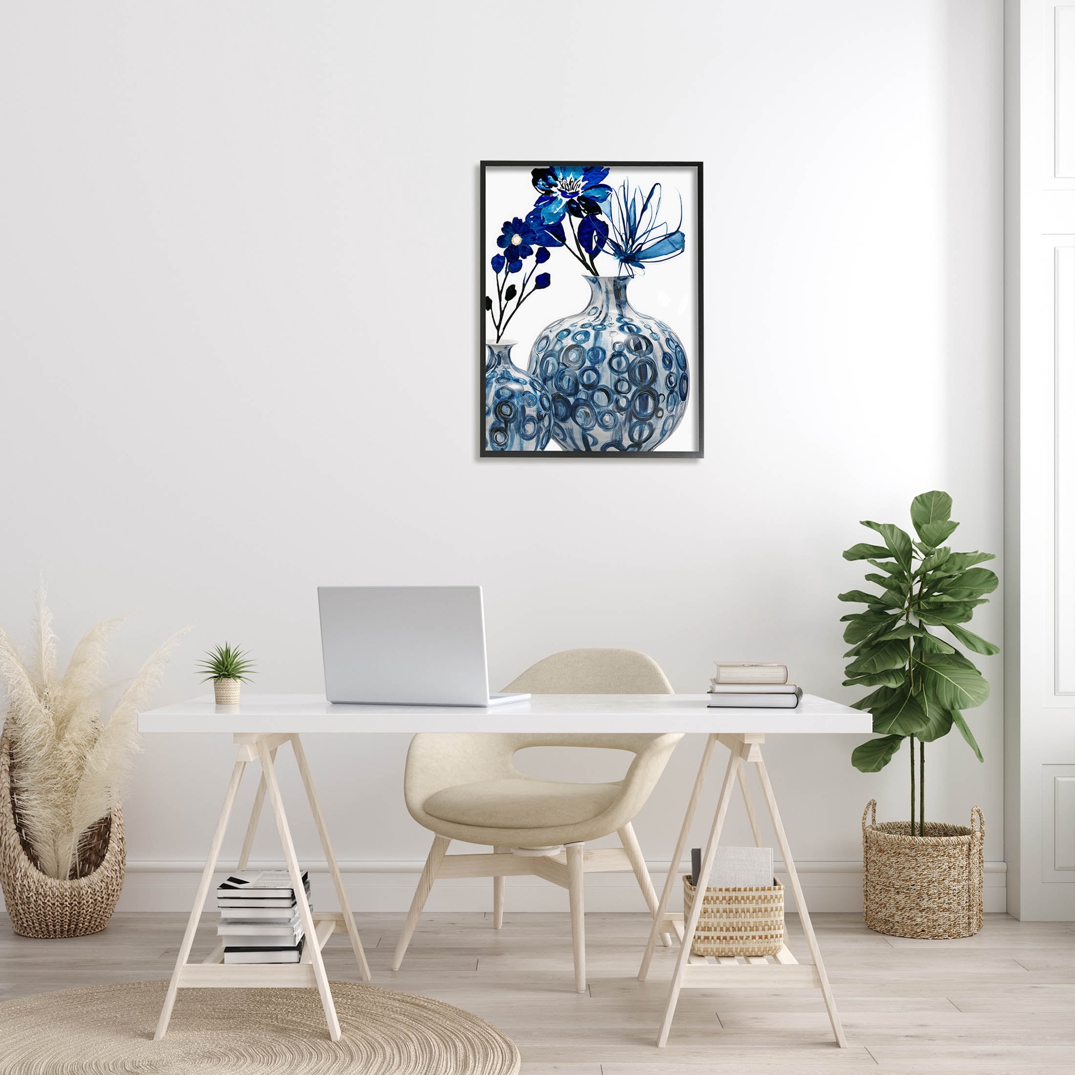 Modern Blue Floral Ornate Vase Botanical & Floral Graphic Art Black Framed Art Print Wall Art