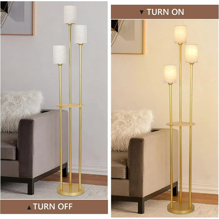 3-Light Rattan Floor Lamp With Shelf - 66" Farmhouse Standing Lamp With Foot Switch For Living Room