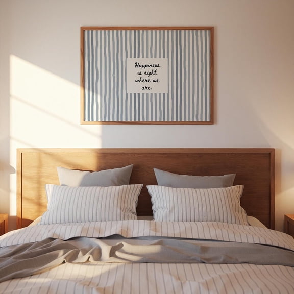 Happiness Printable Hand Drawn Poster: Dusty Blue Striped Homely Wall Art, Loving Quote Family Wall Print, Horizontal Cozy Home Decor #140, Unframed Canvas Size 12x18
