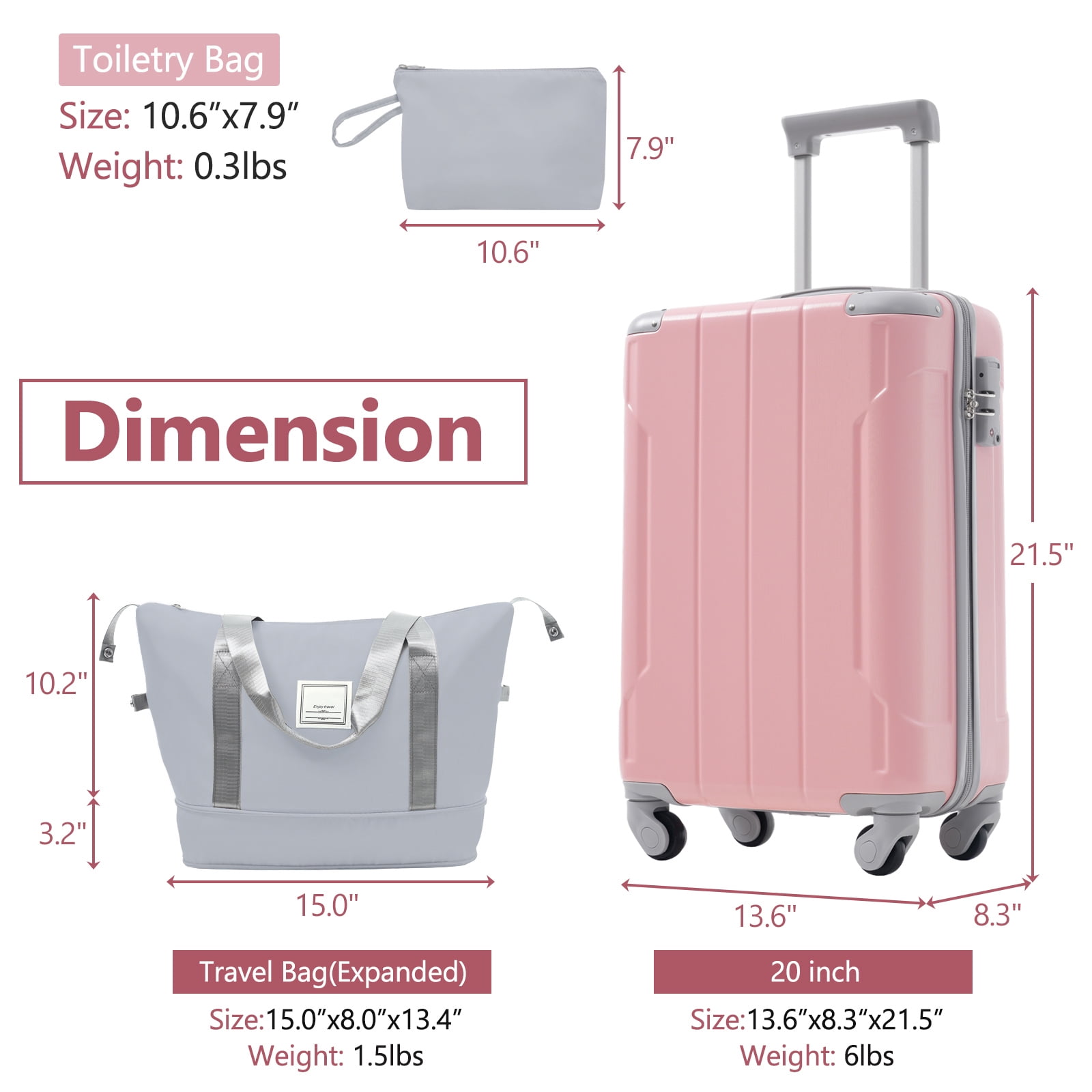 Euroco 20" Carry On Luggage Set 3 Piece,ABS Hardshell Lightweight Suitcase with Spinner Wheels & TSA Lock,Airline Approved Suitcase set for Weedend Getaways,Business Travel,Pink Lady