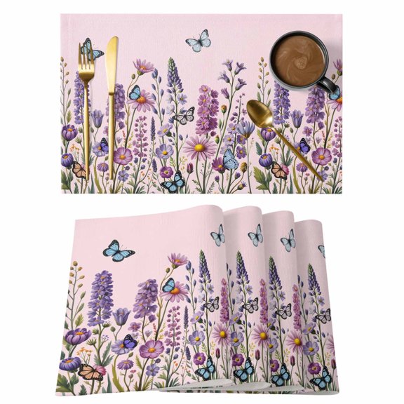 Watercolor Floral Placemats Set of 6, Spring Lavender Daisy Butterflies Pink Placemats for Dining Table, Place Mats for Kitchen Tabletop, Waterproof Wipeable Dining Table Mats Set