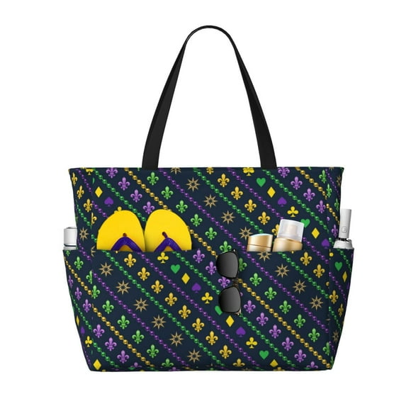 Saiise Mardi Gras Strings of Beads Print Large Capacity Beach Travel Bag Waterproof Durable Multi-Pocket Lightweight & Foldable for Travel