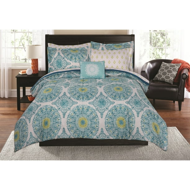 Mainstays 6 8 Piece Teal Medallion Bed In A Bag Set With Sheets Twinxl Walmart Com Walmart Com