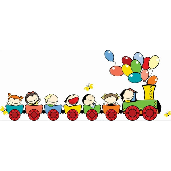 Daycare Classroom Kids Boy Girl Train Balloons Colorful Design Picture Art Mural Custom Wall Decal Vinyl Sticker 10 Inches X 35 Inches