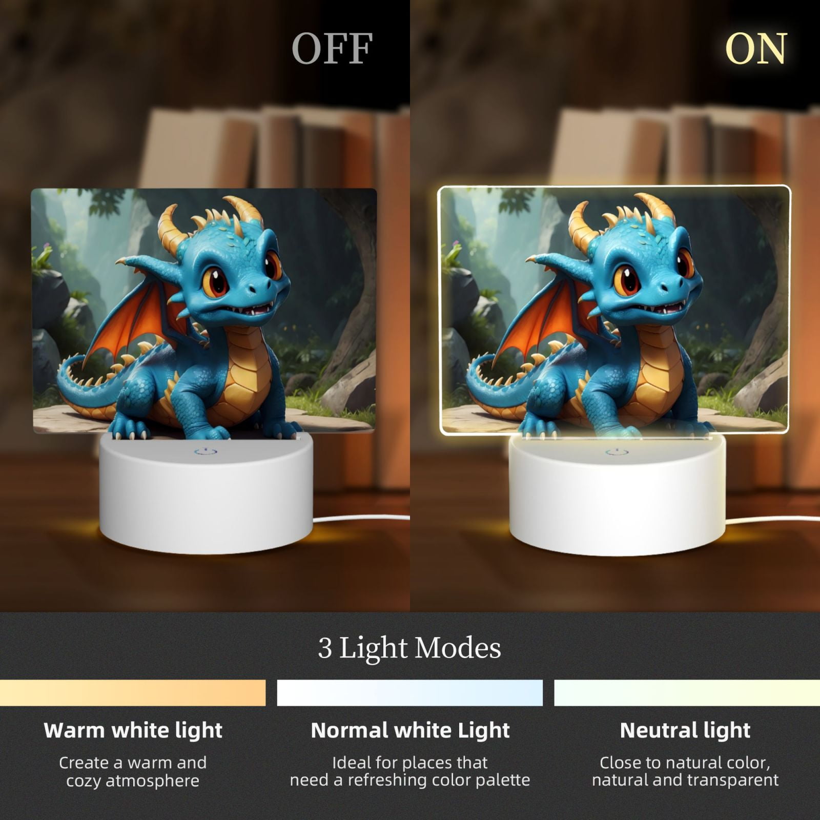 Hirioo Adorable Blue Baby Dragon for Rectangular Acrylic with Night Light Best Gifts for Lover Girl Mom, Valentine's Day Anniversary Birthday Wedding Present