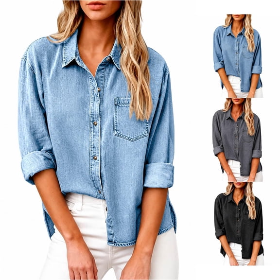 QTSHPN Tops for Women Fashion Casual Denim Button Down Shirt Long Sleeve with Classic Collared Top Womens Shirts