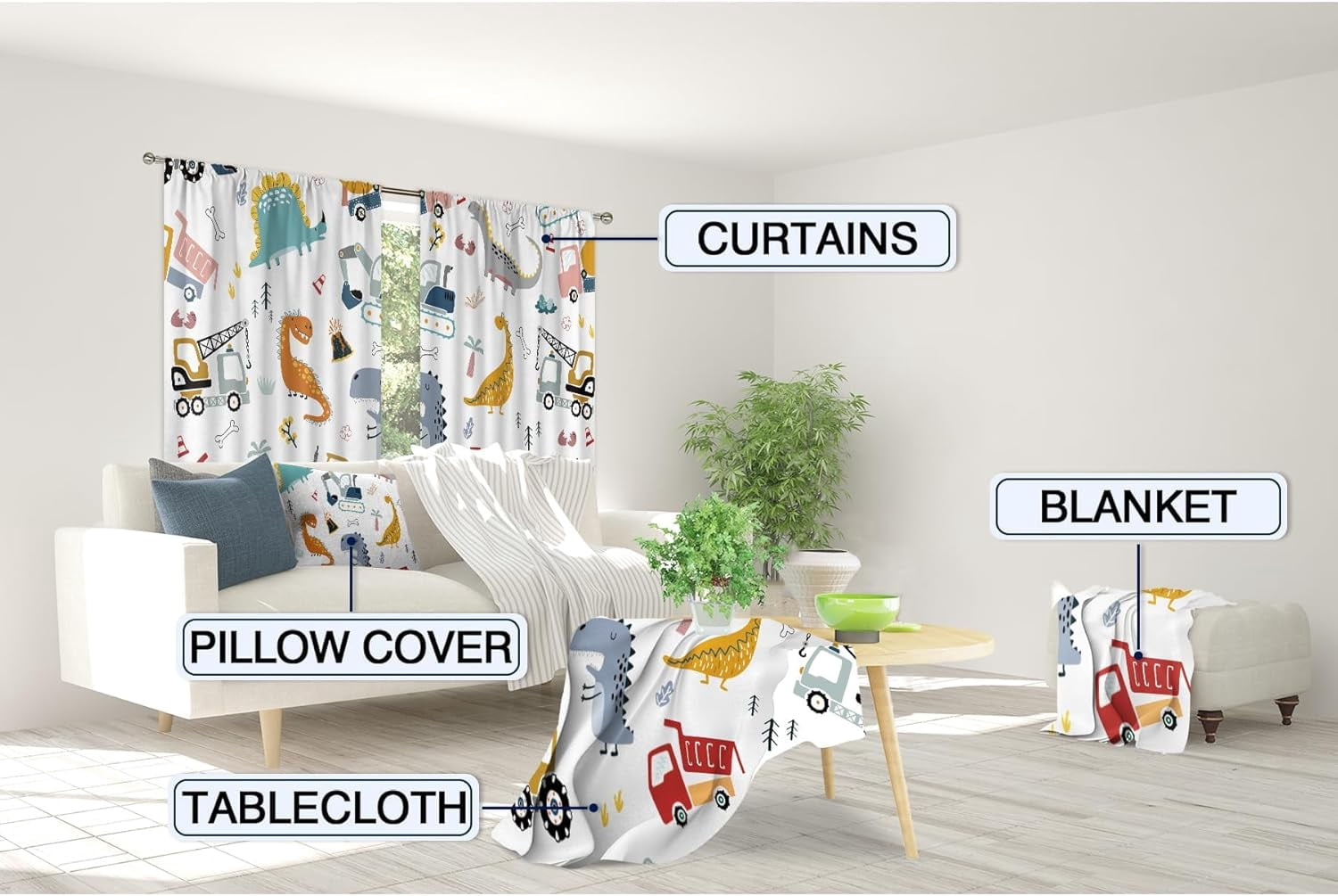 Dinosaur Kids Curtains for Bedroom 42Wx63H Inch Rod Pocket Boy Construction Truck Cartoon Animal Cute Dino Colorful Window Drapes Child Toddler Living Room Window Treatment Fabric 2 Panel