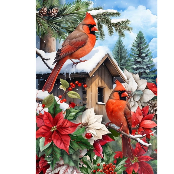 Briarwood Lane Winter House Flag 40x28 For Outdoor Cardinals and Poinsettias For Winter House Flag