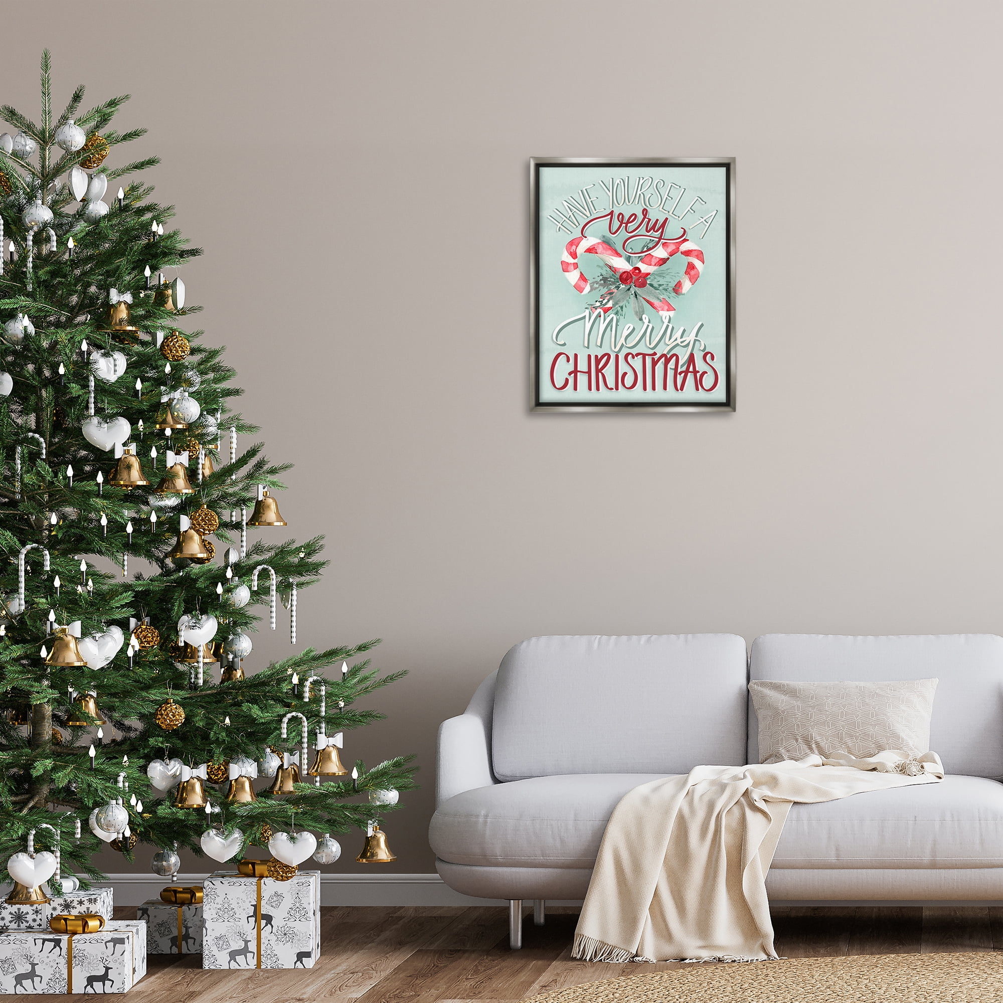 Stupell Industries Very Merry Christmas Holiday Painting Gray Floater Framed Canvas Art Prints Wall Art, 25 x 31