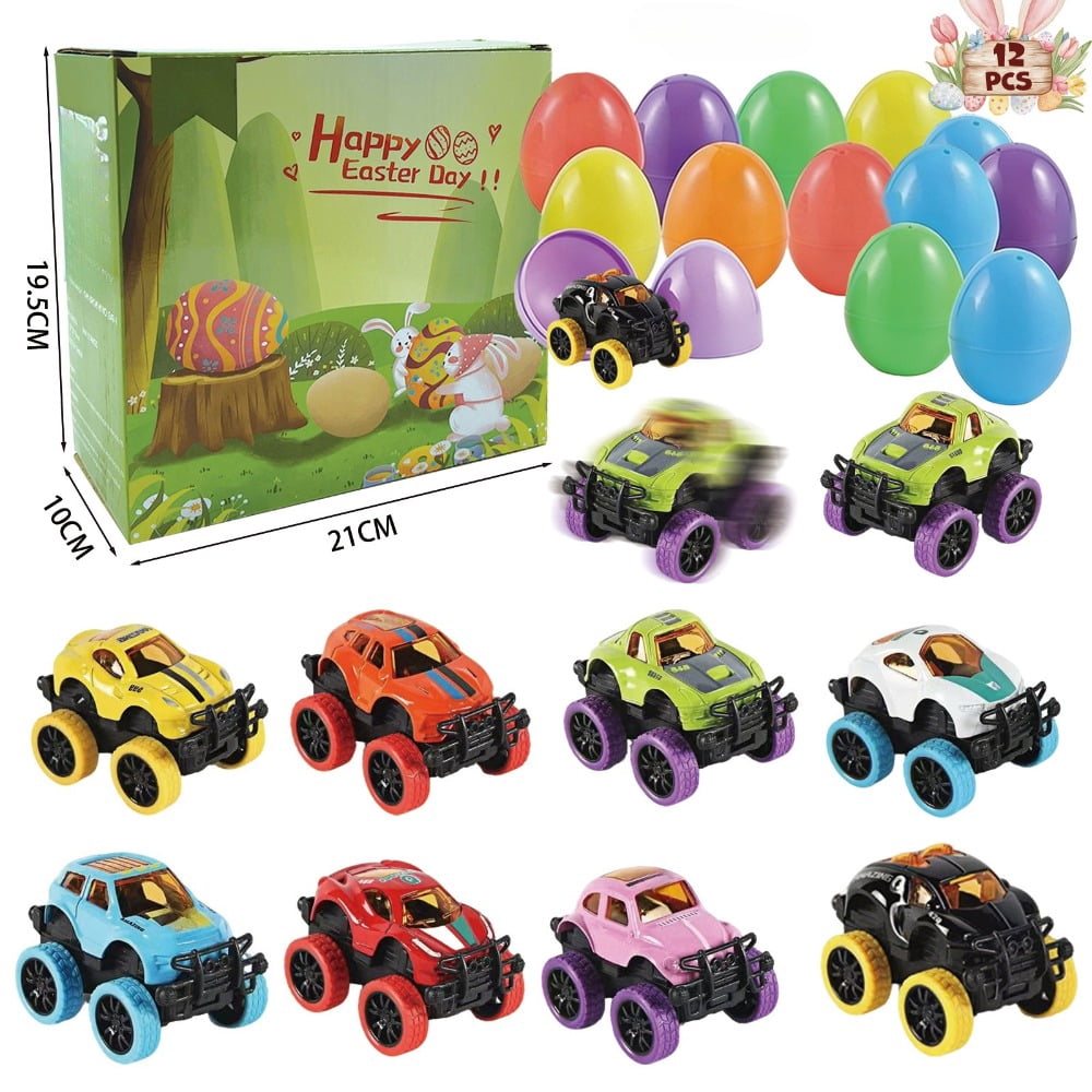 12 Pcs Prefilled Easter Eggs with Mini Cute Pull Back Alloy Car Toys for Easter Basket Stuffers Egg Hunt Party Favors Classroom Prizes