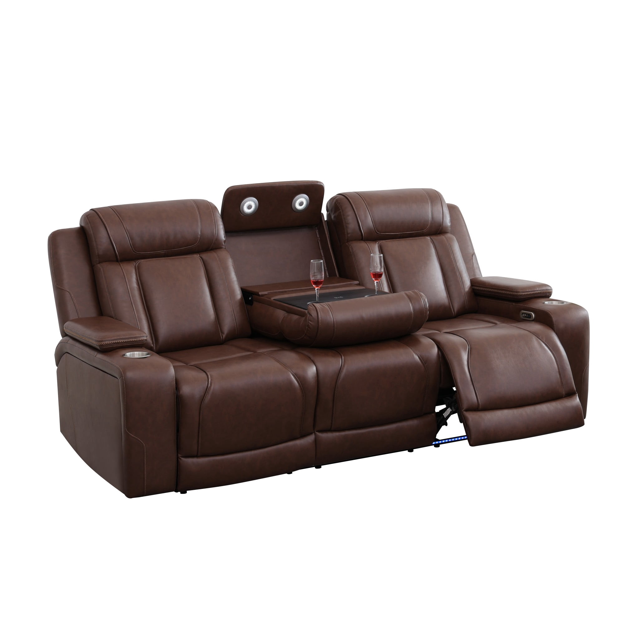 Gewnee 3‑Seater Power Recliner Sofa, Air Leather, USB & Type‑C Wireless Charging, Armrest Storage, Flip‑Up Tea Table, LED Light, Home Theater Seating for Living Room，Reddish-brown