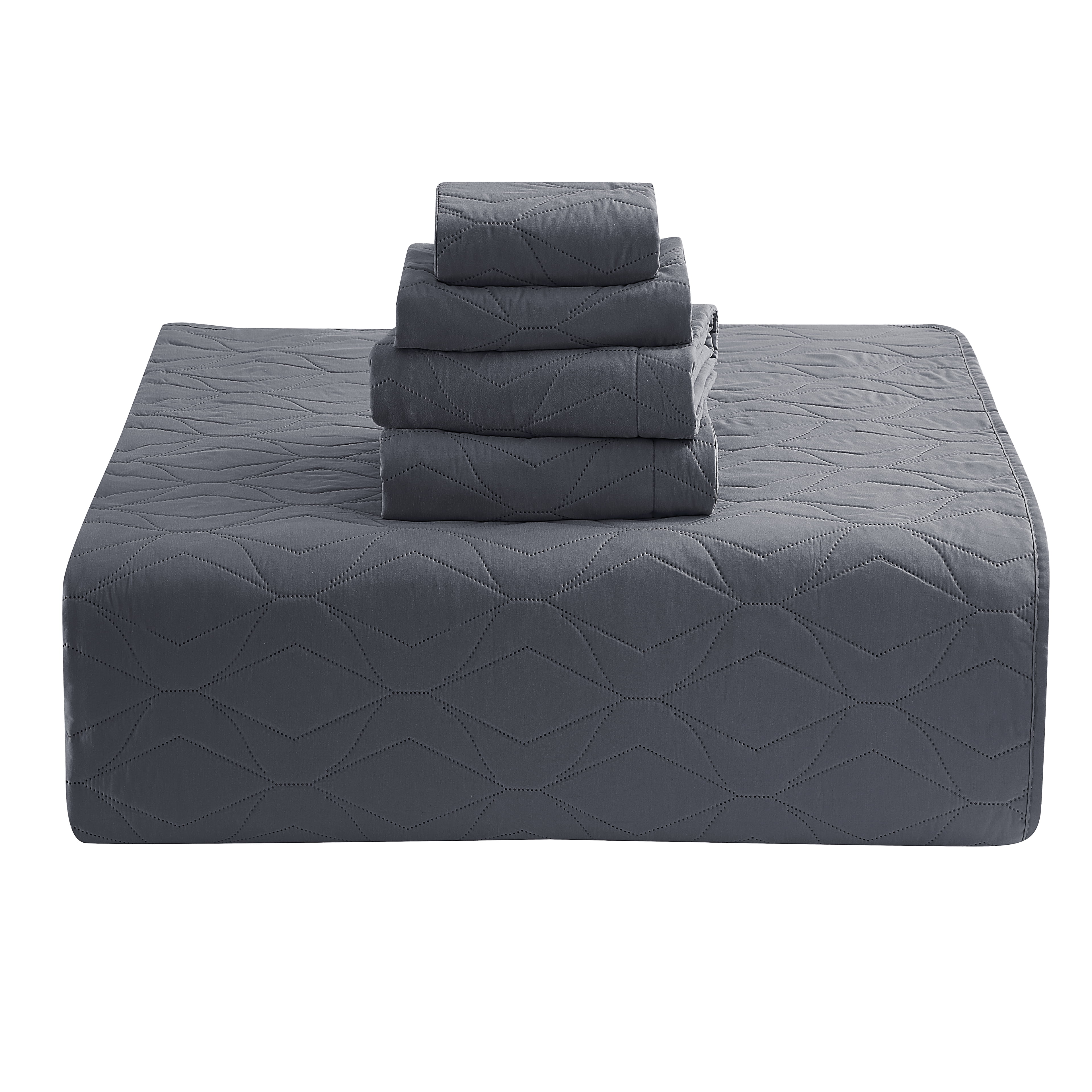 Nestl 5 Piece Quilt Set with Pillow Shams and Euro Shams, Soft Microfiber Lightweight Bedspread Coverlet, Modern Style Ellipse Weave Bed Cover, Full/Queen, Gray