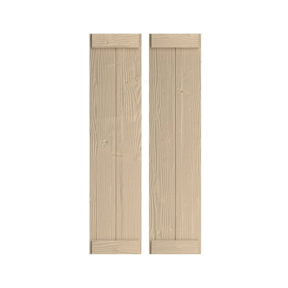 Ekena Millwork 11"W x 56"H Rustic Two Board Joined Board-n-Batten Sandblasted Faux Wood Shutters w/End Batten (Per Pair), Primed Tan