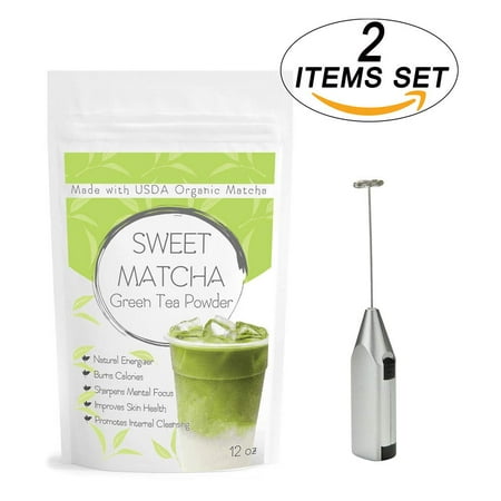 Japanese Sweet Matcha Kit (2 Items set) 12oz Green Tea Powder Mix- Made with 100% Organic Matcha- Perfect for Making Green Tea Latte + Electric Frother to combine Matcha with