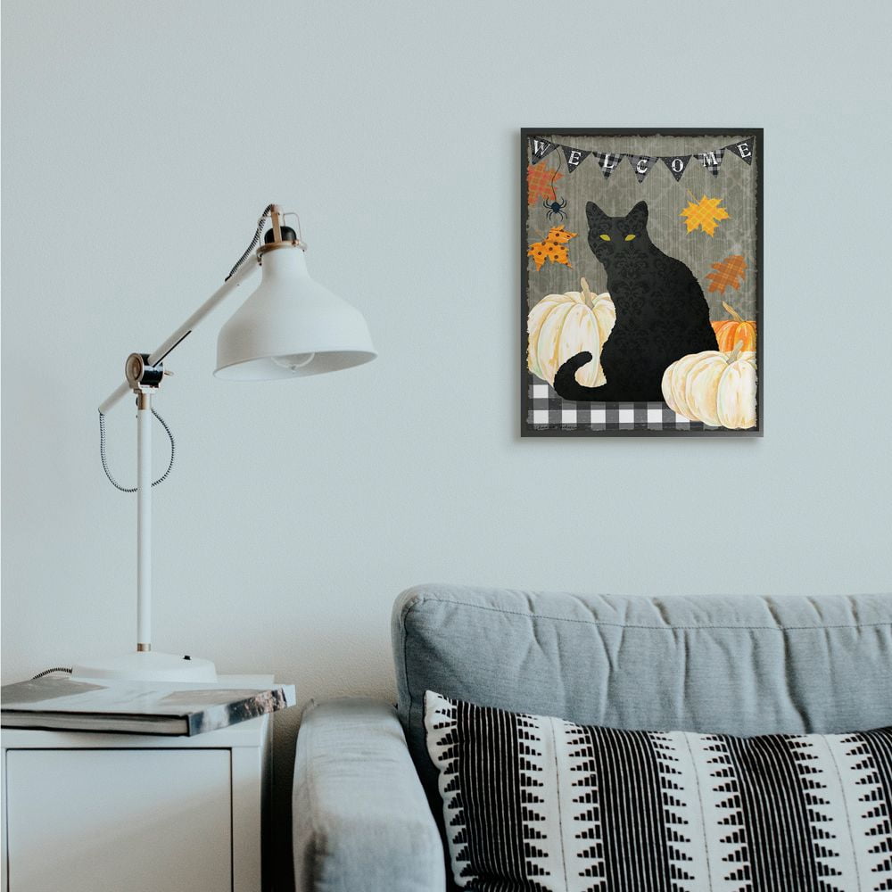 Stupell Industries Halloween Black Cat Welcome Sign Autumn Farmhouse Charm Framed Wall Art Design by Andrea Tachiera, 16" x 20", Black Framed