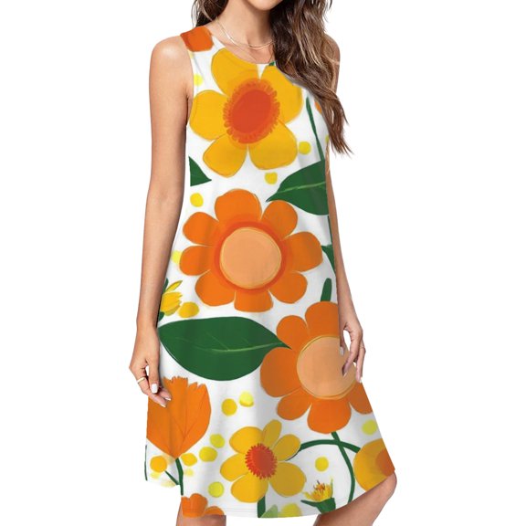 Orange Yellow Floral Summer Design Casual Sleeveless Loose Sundress Dress For Women Summer Dress Daily Woman