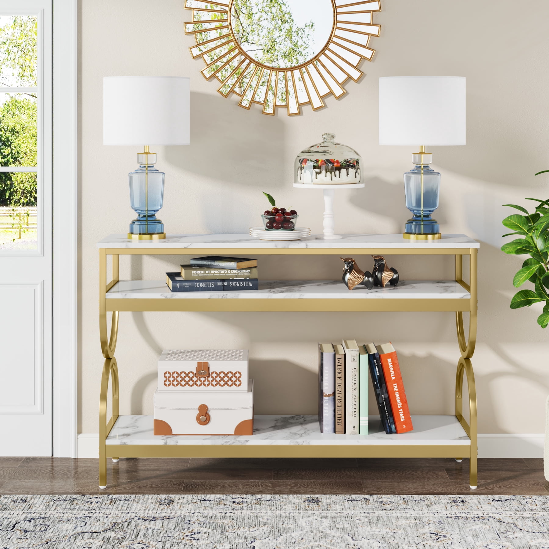 Tribesigns Modern 3 Tiers Console Table, 55 inch Faux Marble Sofa Entryway Tables with Storage Shelves for Living Room, Hallway and Foyer, White & Gold
