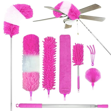 7PCS Microfiber Duster with Detachable Extension Pole(Stainless Steel) 30-100" Duster Cleaning Kit for Cleaning Fan Cobweb, Fan Webs, Blinds (Pink)