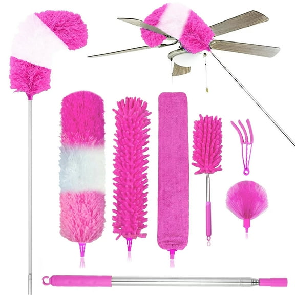 7PCS Microfiber Duster with Detachable Extension Pole(Stainless Steel) 30-100" Duster Cleaning Kit for Cleaning Fan Cobweb, Fan Webs, Blinds (Pink)