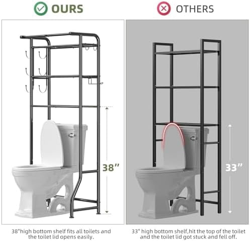 Over The Toilet Storage Cabinet, Metal Bathroom Shelf Organizer with Paper Holder and Hooks, 3 Tier, Black