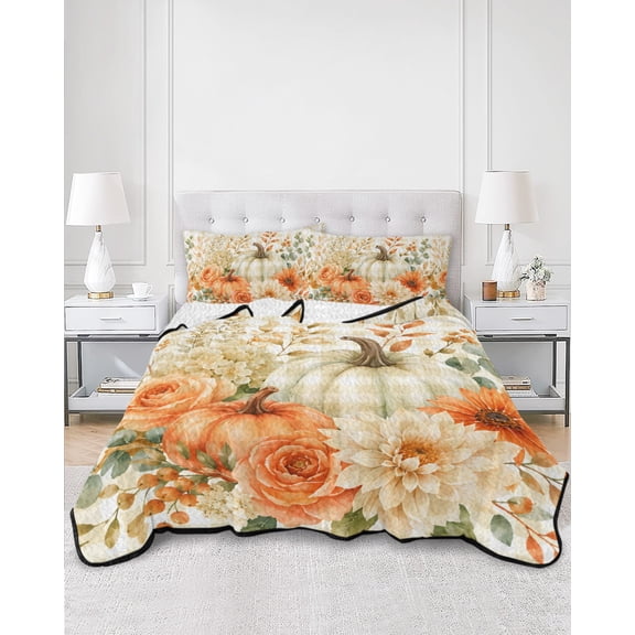 Quilts Twin XL Size, Fall Pumpkin Soft Comforter Bedding Set for Bed, Autumn Thanksgiving Harvest Leaves Floral Plaid Lightweight Quilted Bedspread with Pillow Cover(2 Pieces), 68x98 Inch