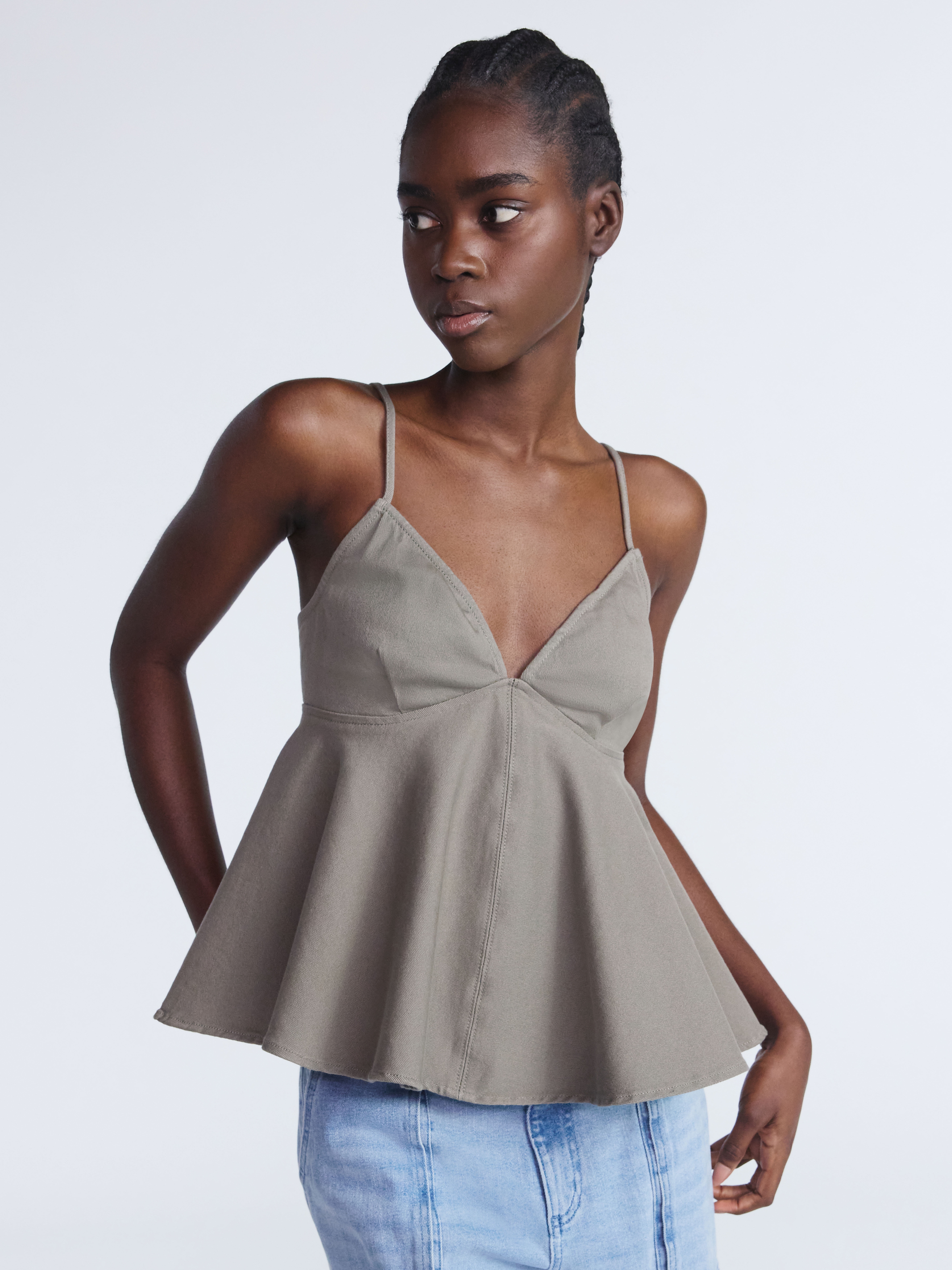 トップス SATIN COMBINATION PEPLUM TANK TOP Double V Peplum Tank Top