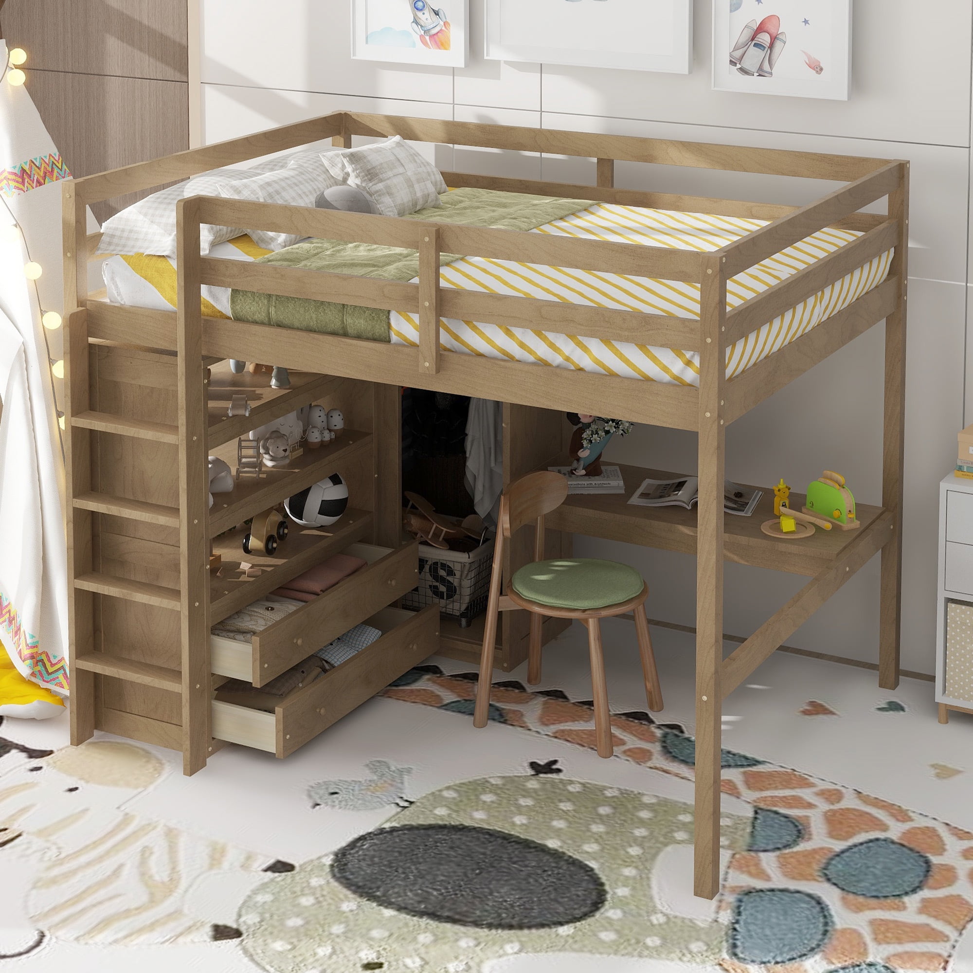 Euroco Wood Full Size Loft Bed with Desk and Wardrobe, Storage Shelves and Bookcase for Kids Teens, Walnut