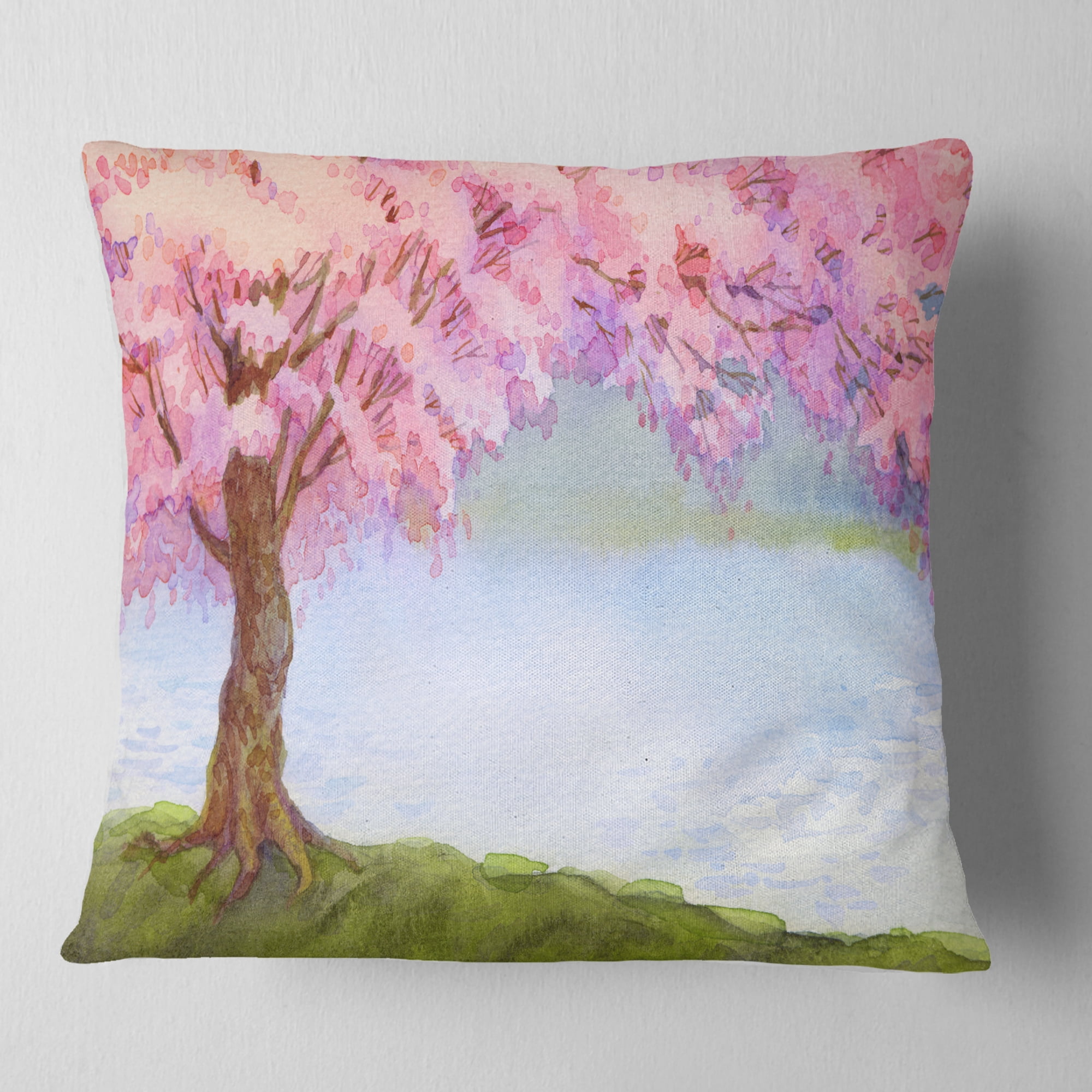 Designart Flowering Pink Tree by Lake - Floral Throw Pillow - 16x16
