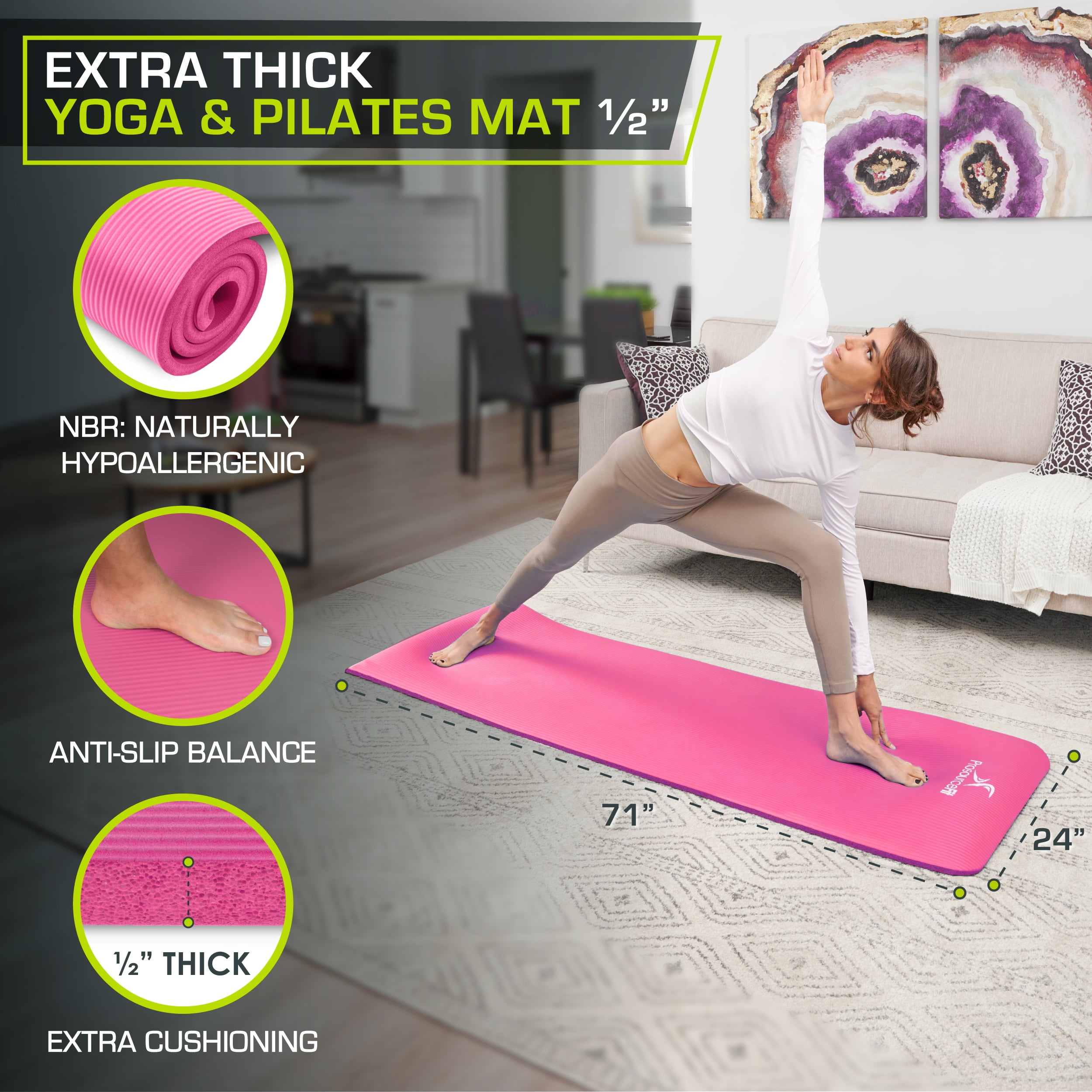 ProsourceFit Extra Thick Yoga and Pilates Mat 1-in, 71”L x 24”W Green 