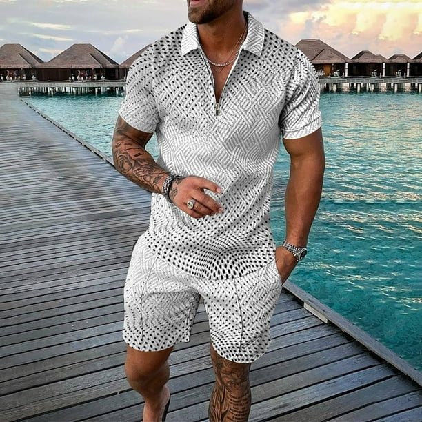 WILLBEST Pantalones Cortos Cortos para Hombre, Conjuntos de Camisa y Pantalones Cortos Casuales de Manga Corta para Hombre, Conjunto de Chándal de Verano de Dos Piezas con Cremallera