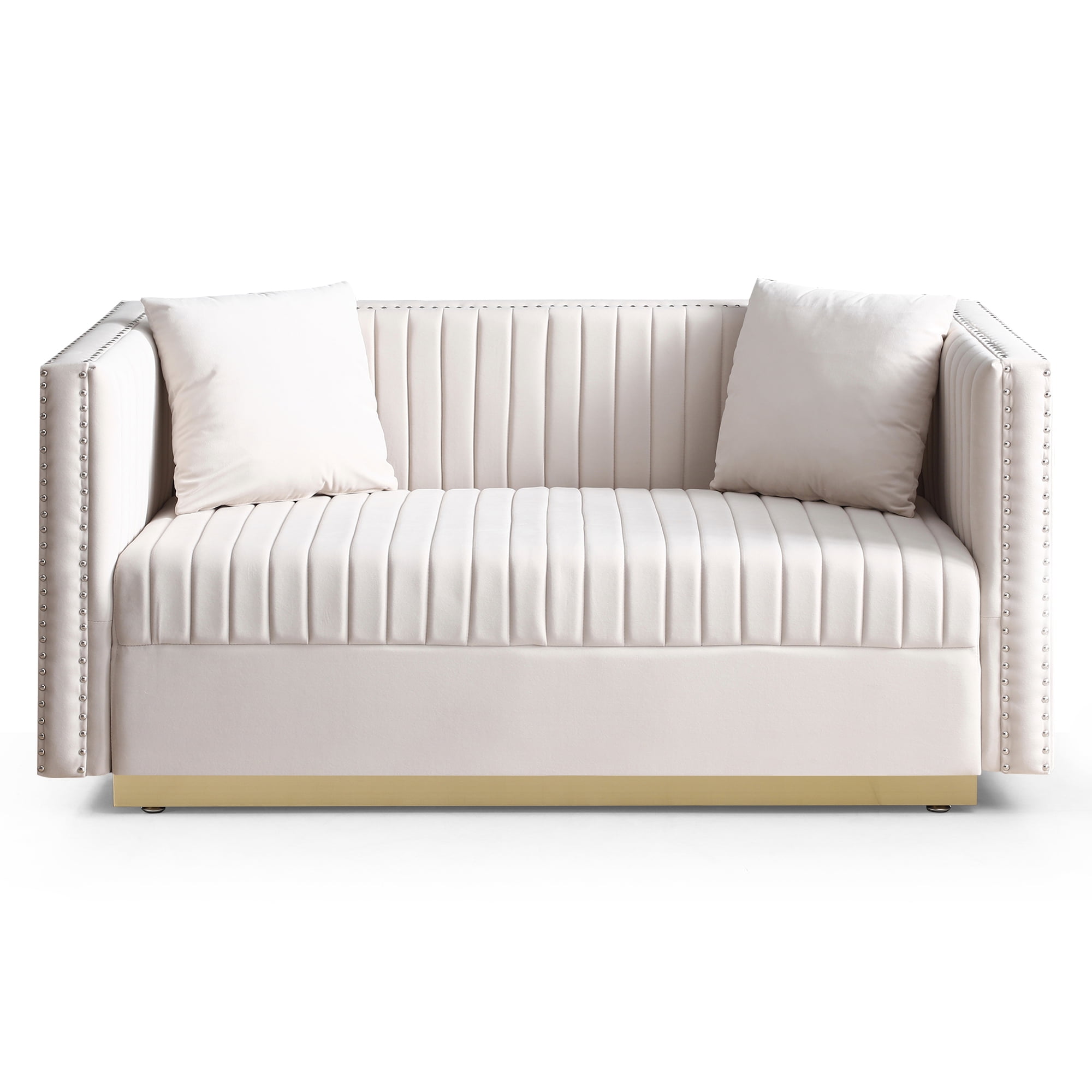 Modern Velvet Upholstered Sofa, 2 Seater Tufted Couch Loveseat with 2 Pillows and Nailhead Trims for Living Room Apartment Office