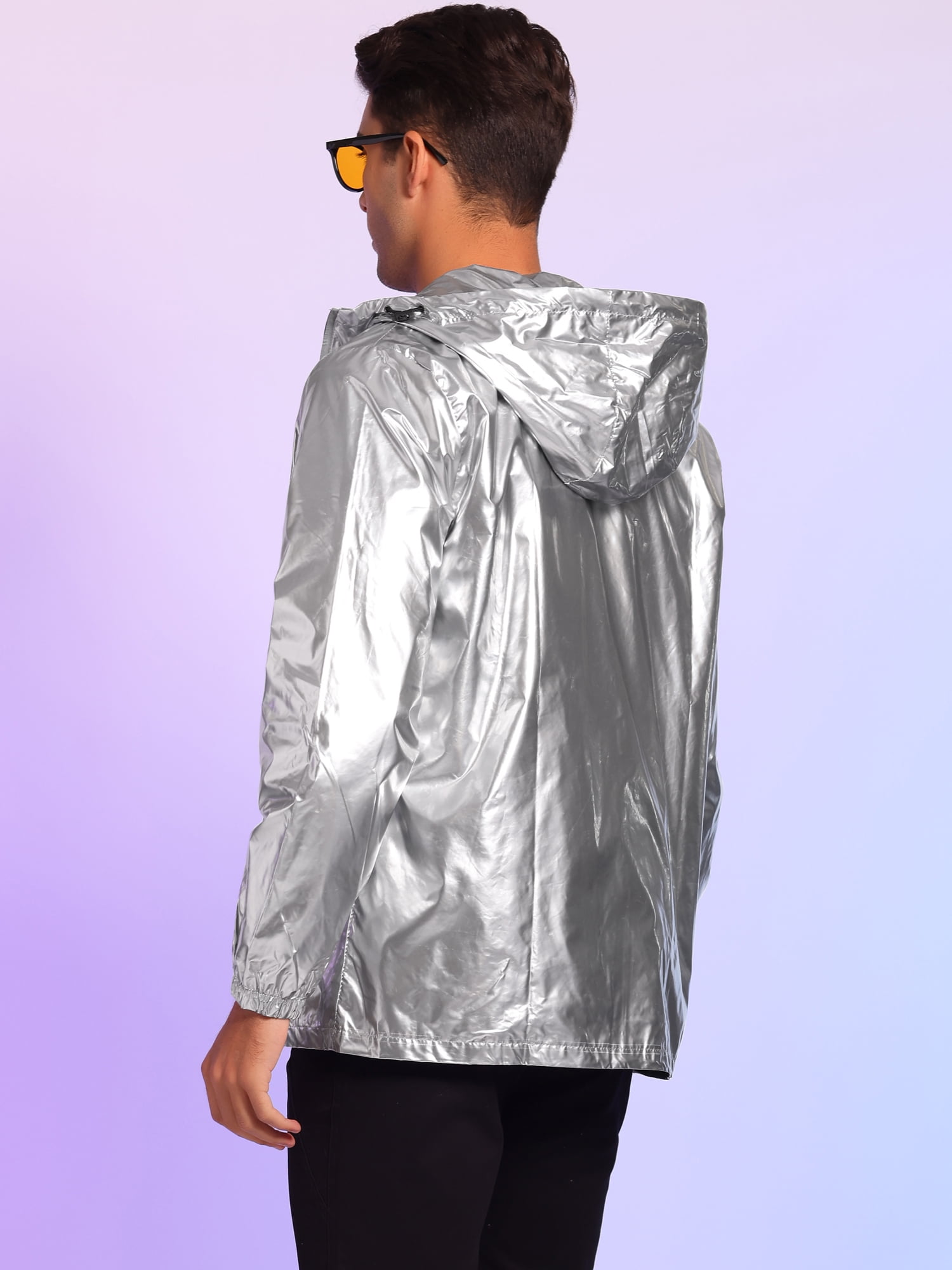 Unique Bargains Men's Metallic Solid Zipper Holographic Hooded Windbreaker Jacket XL Silver