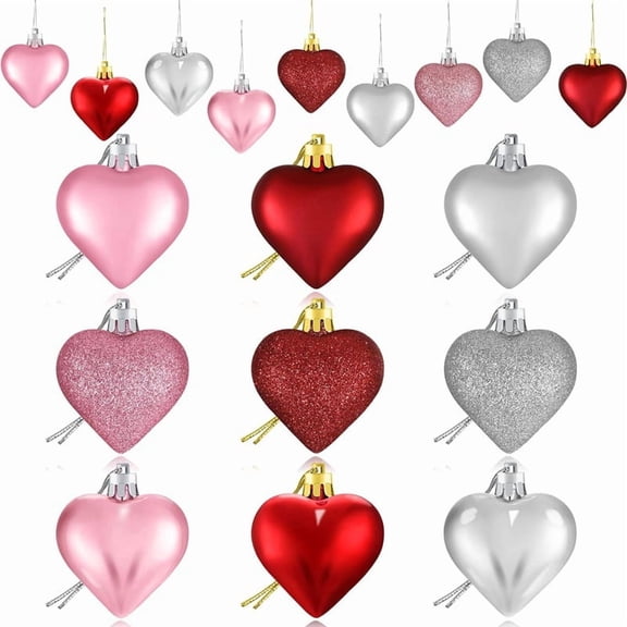 36Pcs Valentines Day Decor Heart Ornaments for Christmas Tree Decorations Red Pink Heart Shaped Baubles Ornaments for Valentine's Day Hanging Decorations or Wedding Party Supplies Home Decor