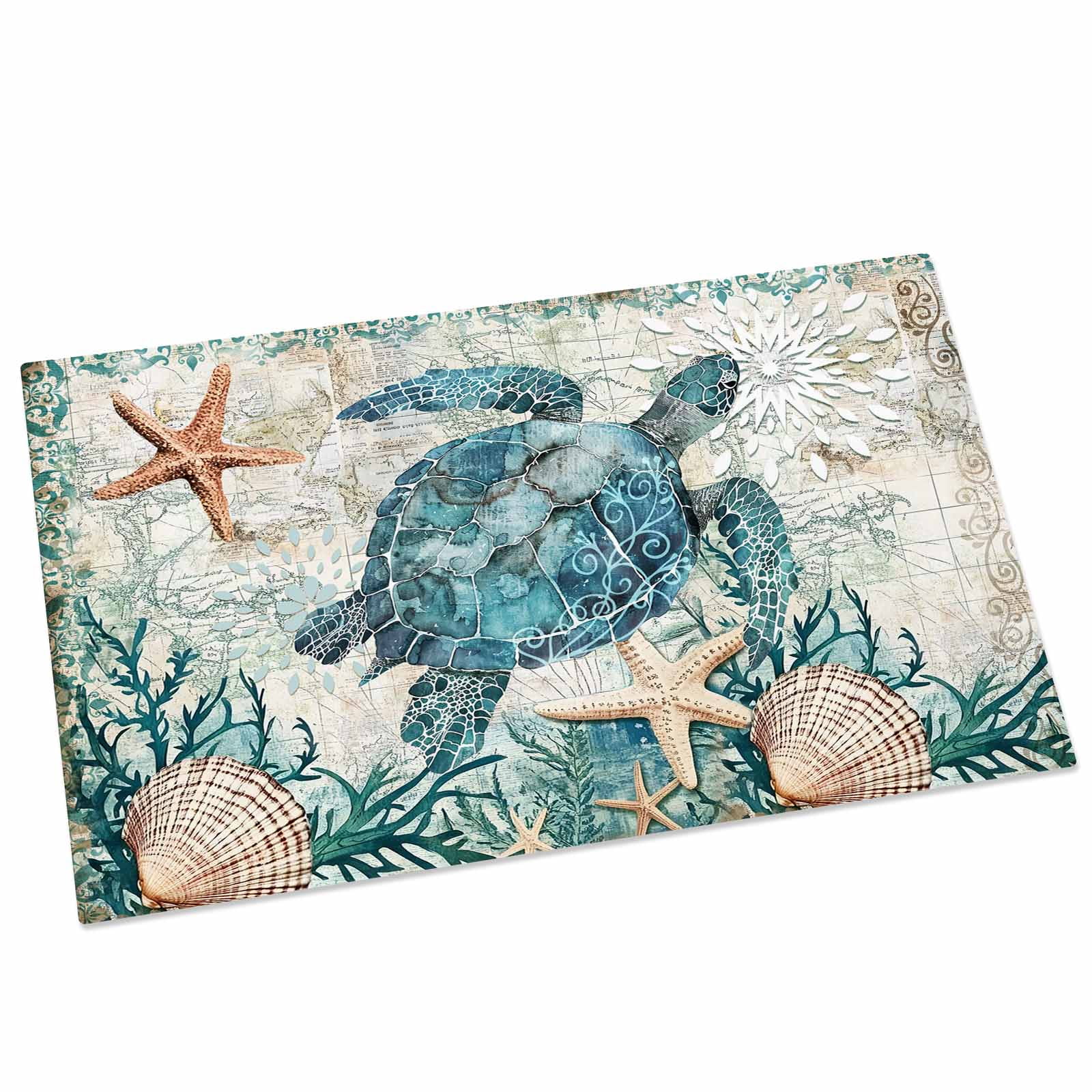 Teal Sea Turtle Indoor Door Mat - 16"x24", Non-Slip Welcome Mat for Outdoor, Coastal Coral Ocean Nautical Vintage Front Doormat for Entry, Low-Profile Doormat Entrance Rug for Kitchen/Bathroom