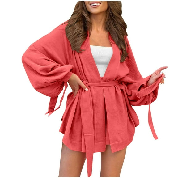 Kaemgyyd Women Lounge Set 2 Piece Outfits Long Sleeve Open Front Belted Cardigan and Casual Loose Solid Shorts Suit