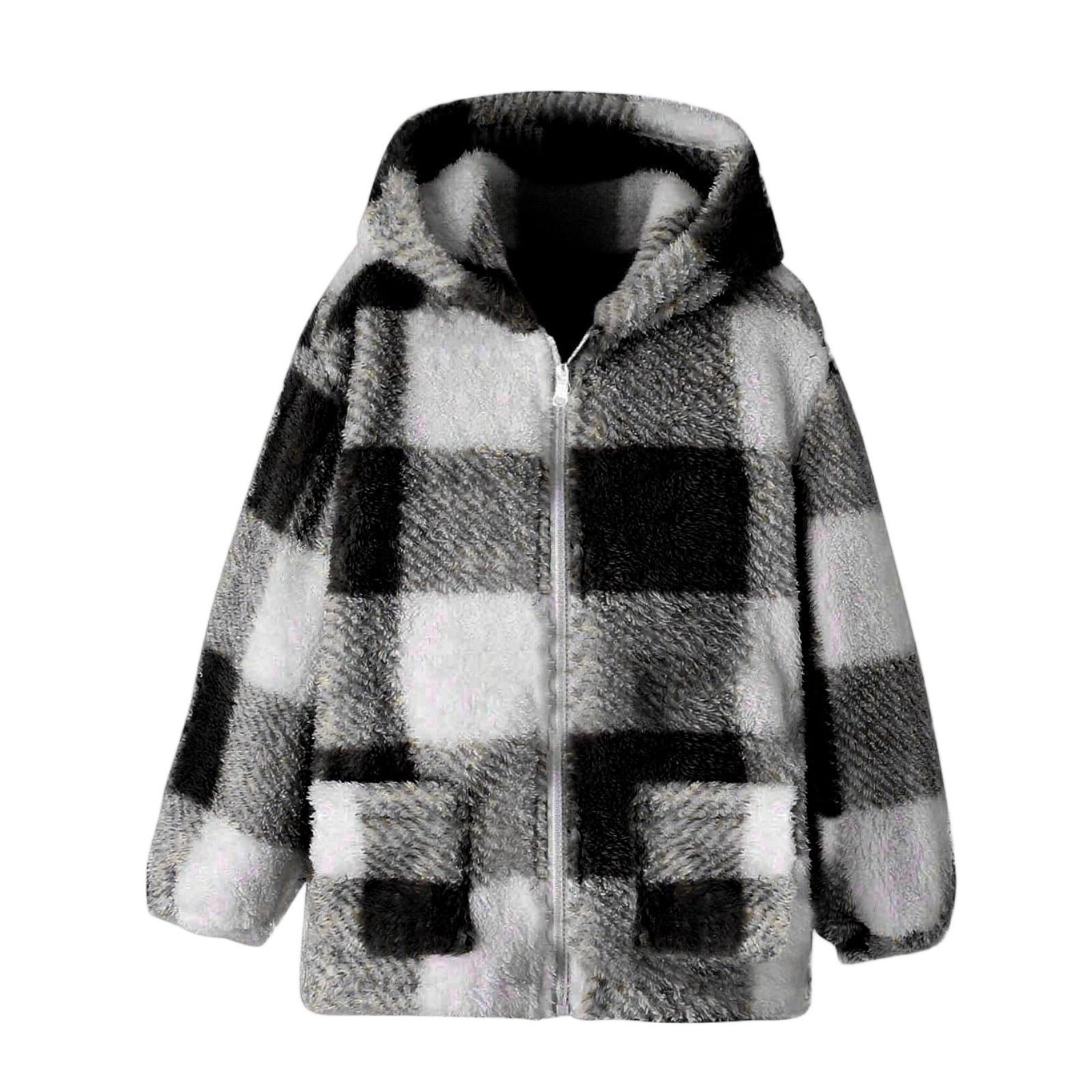 Xdegoge Girls Fleece Sherpa Jacket Plaid Fuzzy Zip Up Long Sleeve Hoodie Teen Thermal Loose Cozy Hooded Coats Tween 2025 Winter Thick Warm Outerwear With Pockets Age 8-14 Years