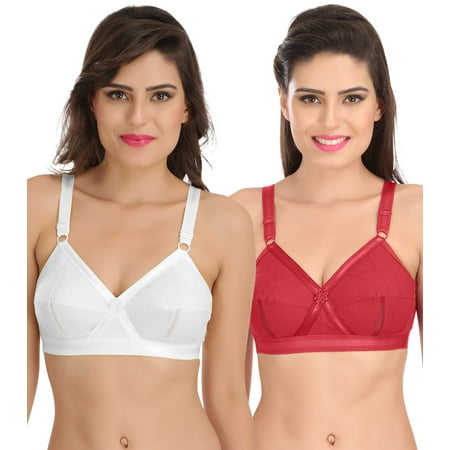 

Ossirrio Women Everyday Comfort Full Cup Bra Non Wired Plus Size Cotton Bra Pack of 2 White and Maroon