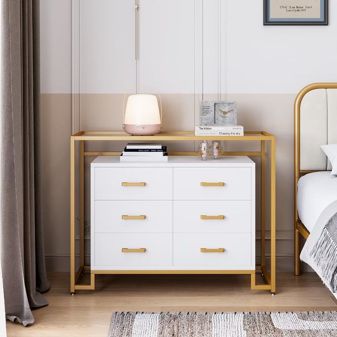 6 Drawer Dresser with Tempered Glass Top Shelves Wooden Chest Dresser