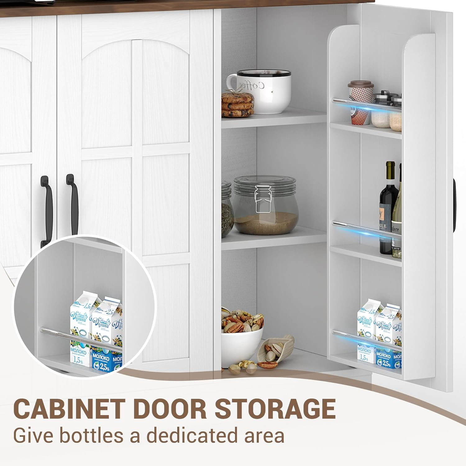 Pantry Cabinet with Charging Station, Tall Kitchen Pantry Storage Cabinet with Hutch,70.9 Inch Kitchen Cabinet with Glass Doors, for Dining Room