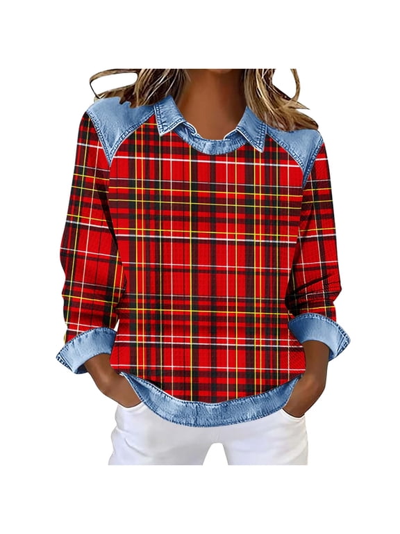 Womens Sweatshirts Lightweight Patchwork Checkered Lapel Collar Pullover Tops Vintage Streetwear Shirts (2XL, Red)