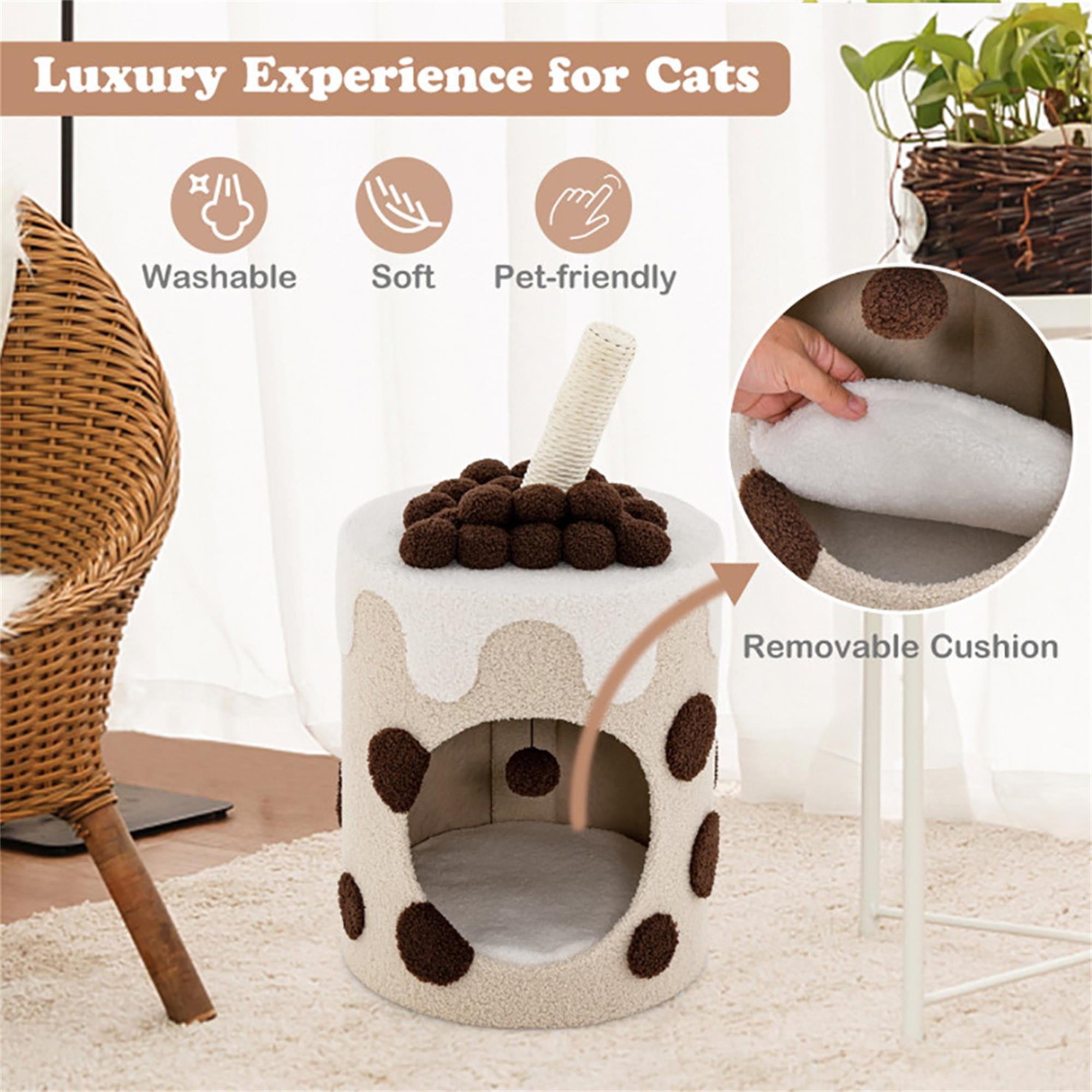 Kadyn 27" Cat House for Indoor Cats with Scratching Post, Cat Cave Bed, Cat Condo Modern Cat Nest Cute Cat Shelter, Coffee and Beige