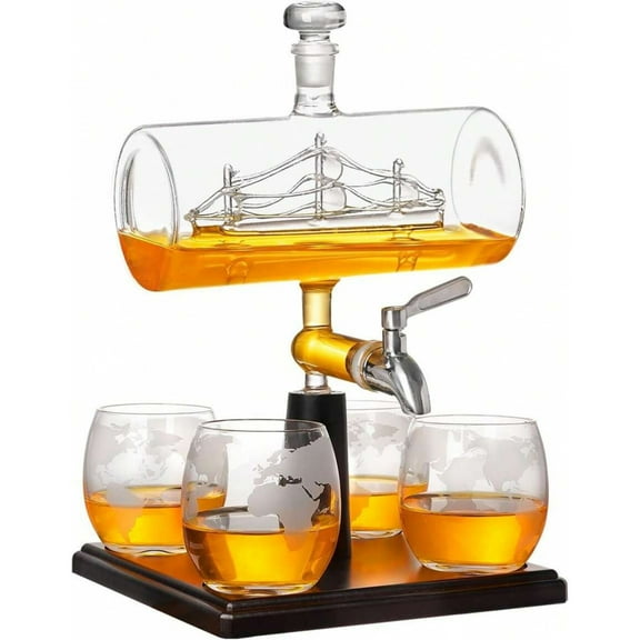YFLXDMLYYSC Whiskey Decanter With Antique Ship 1000ml, Whiskey Ship Decanter Set With 4 Globe Glasses, Bourbon Whiskey Gifts For Men Dad, Fathers Day Annversary Gifts For Husband