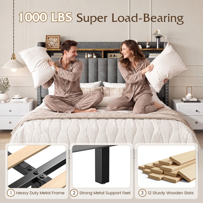 EnHomee Queen Bed Frame with Storage Drawers, Gray photo 7