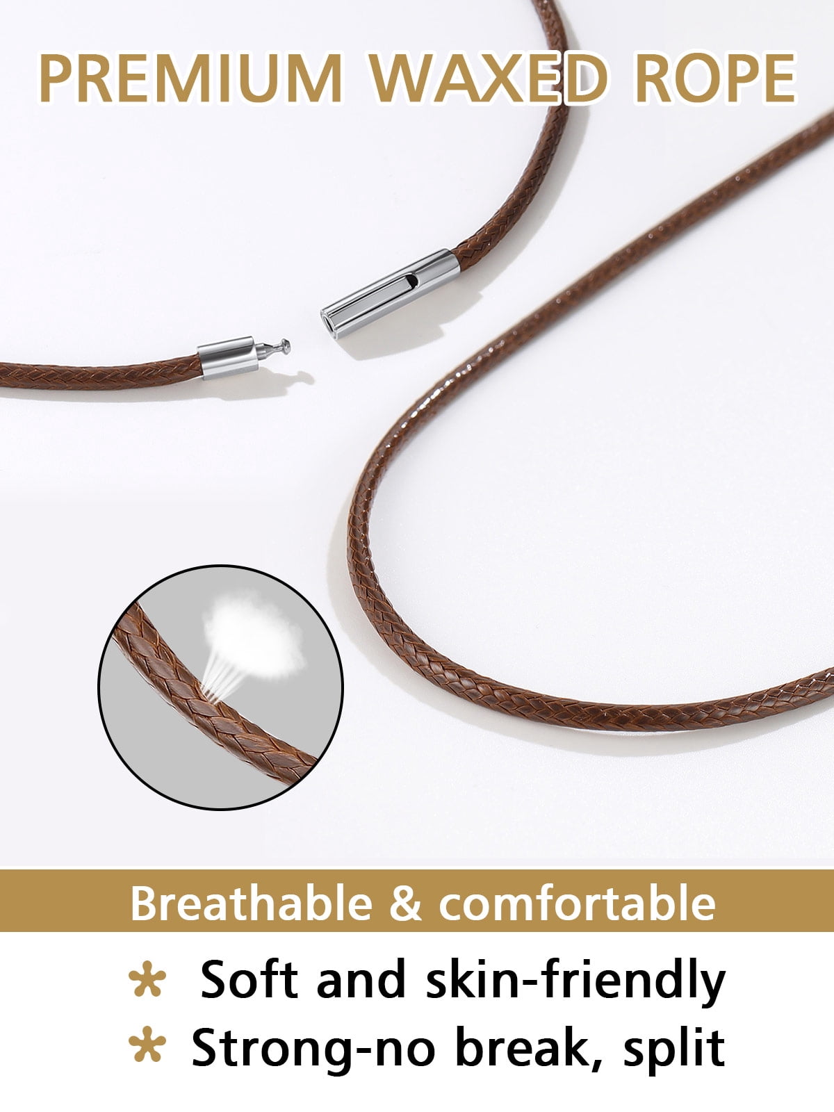 FindChic Men's Waterproof Braided Leather Cord Chain 2mm/3mm Width 16-30 inch Stainless Steel Necklace Brown Woven Wax Rope Chain for Pendant, with Gift Box