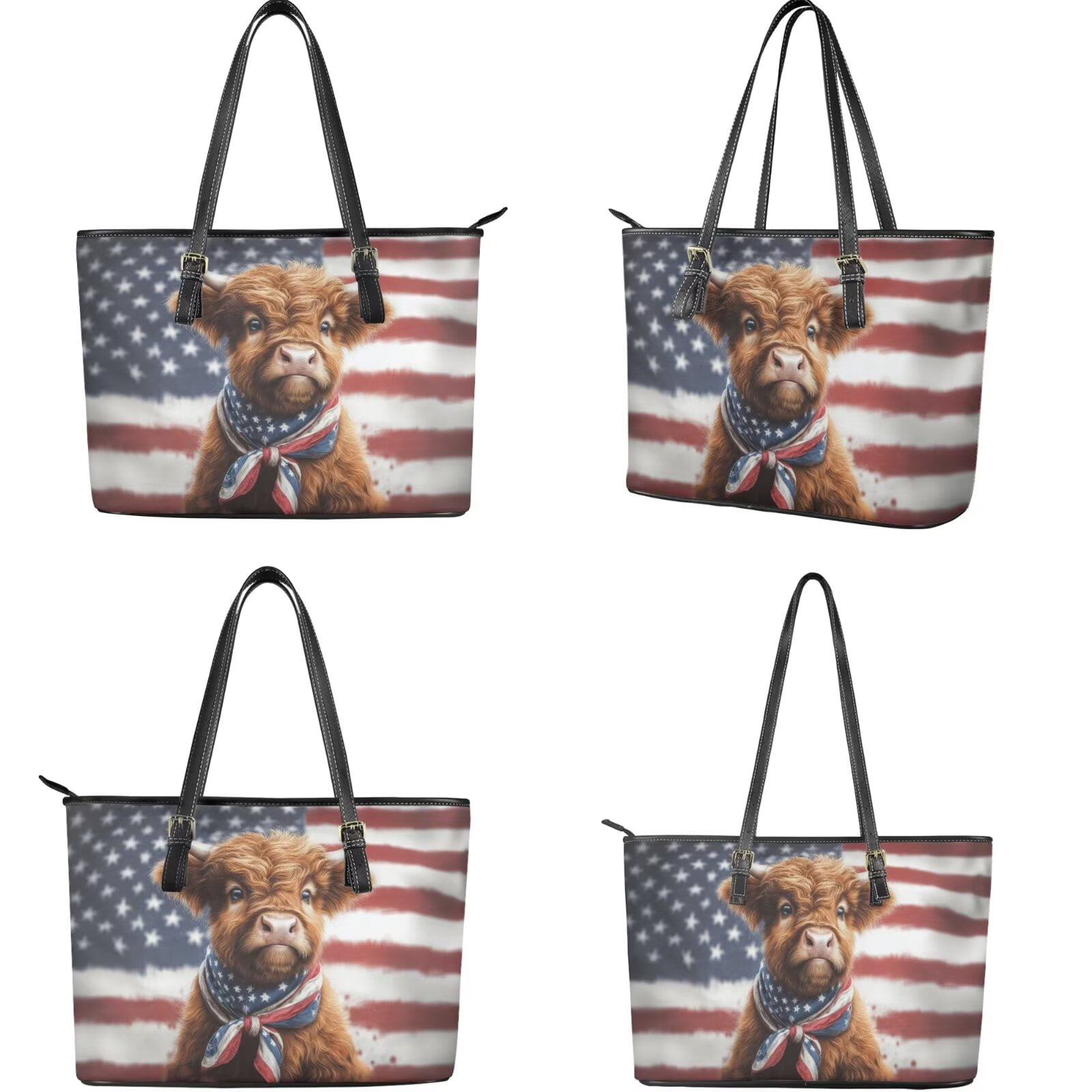 TSOVTHRID American Flag Highland Cattle Print Women's Handbag with Matching Wallet Tote Bag Top Handle Purse Satchel Clutch Wallet Set Hobo Shoulder Handbag for Shopping Working