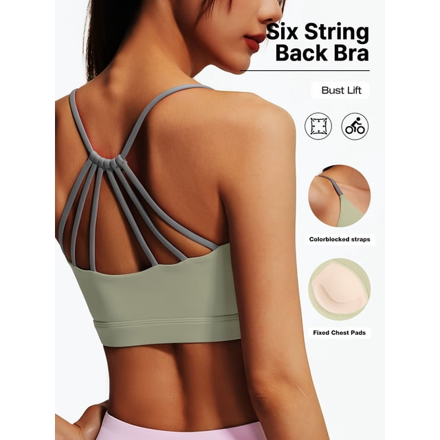 PISONIC Women's Sports Bra with Six String Back, Medium Support, Crew Neck, Non-Removable Padding, Knit Fabric, Casual Wear, Medium Stretch, for Exercise, Training, Running, Yoga, Crop Vest